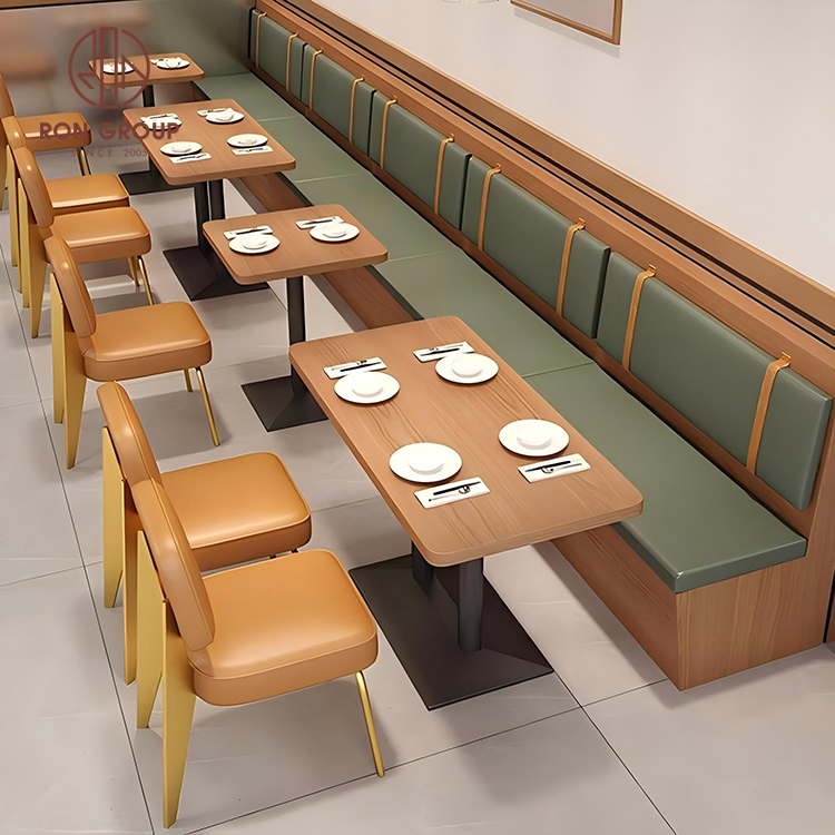 Furniture Leg Set - モダンなレストラン家具セット、茶色の革張りの椅子（黄色い金属脚付き）、木製の長方形のコーヒーショップテーブル（カフェ用）
