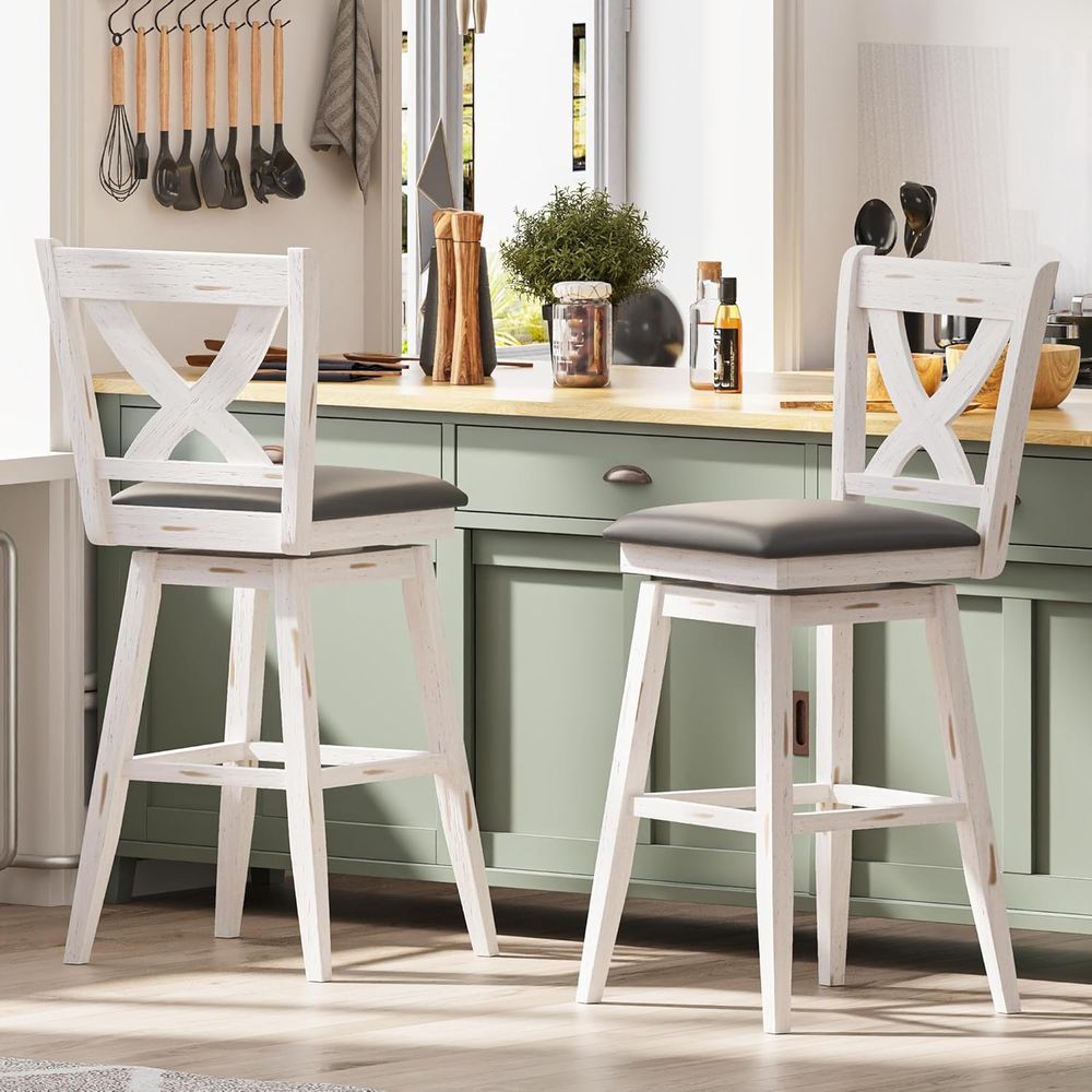 Furniture Leg Set - 回転式バースツール2脚セット、背もたれ付き29インチバーチェア、布張りシートバースツール、無垢材脚付き＆ootr
