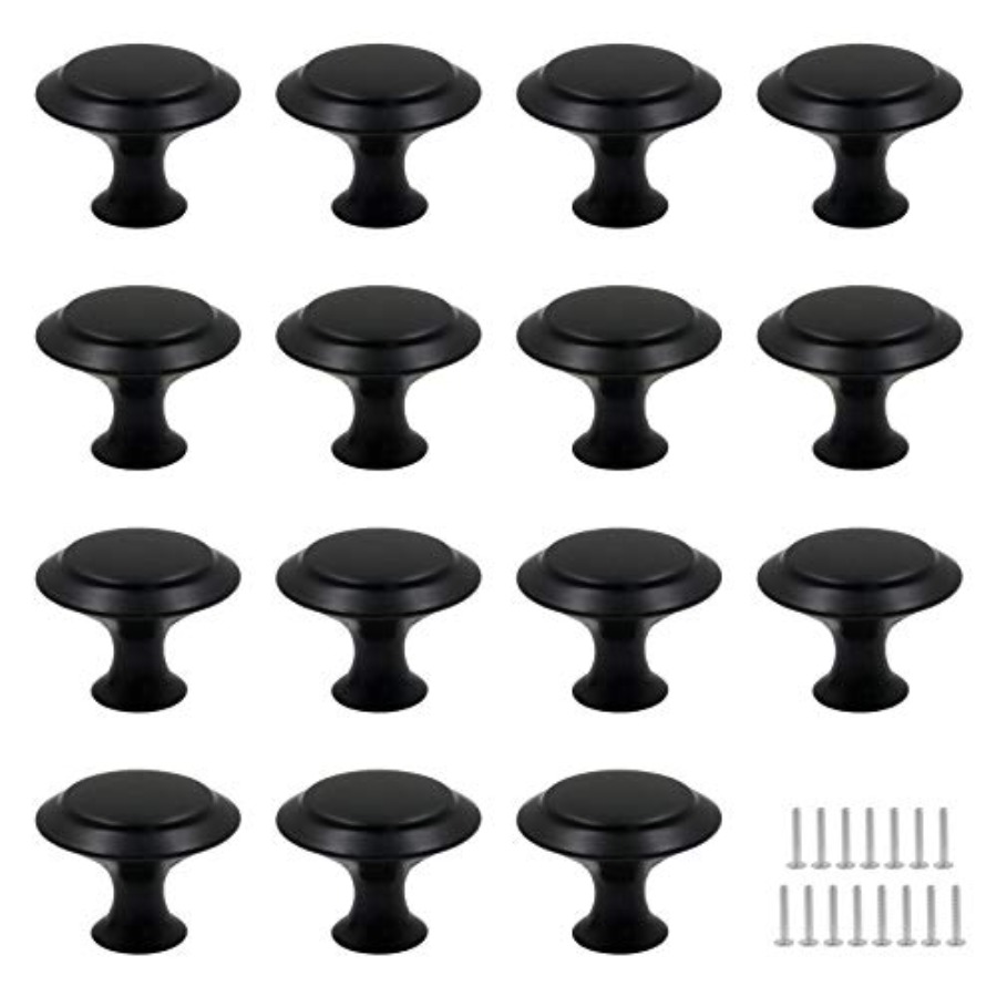 Cabinet Knob Round - 15個パック 1インチ フラットブラック キッチンキャビネットノブ 引き出しドレッサーハンドルノブ、丸型引き出しハンドル