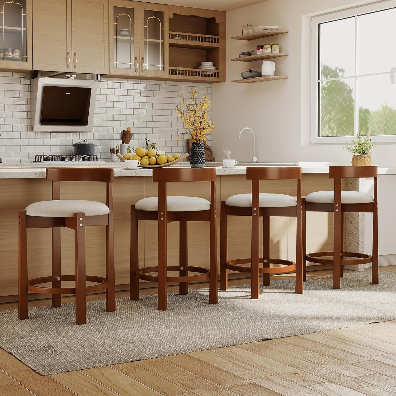 Furniture Leg Set - カウンターハイトスツール4脚セット、背もたれの低い布張りキッチンアイランドチェア、無垢ラバーウッド脚、ミッド、カスタマイズ可能