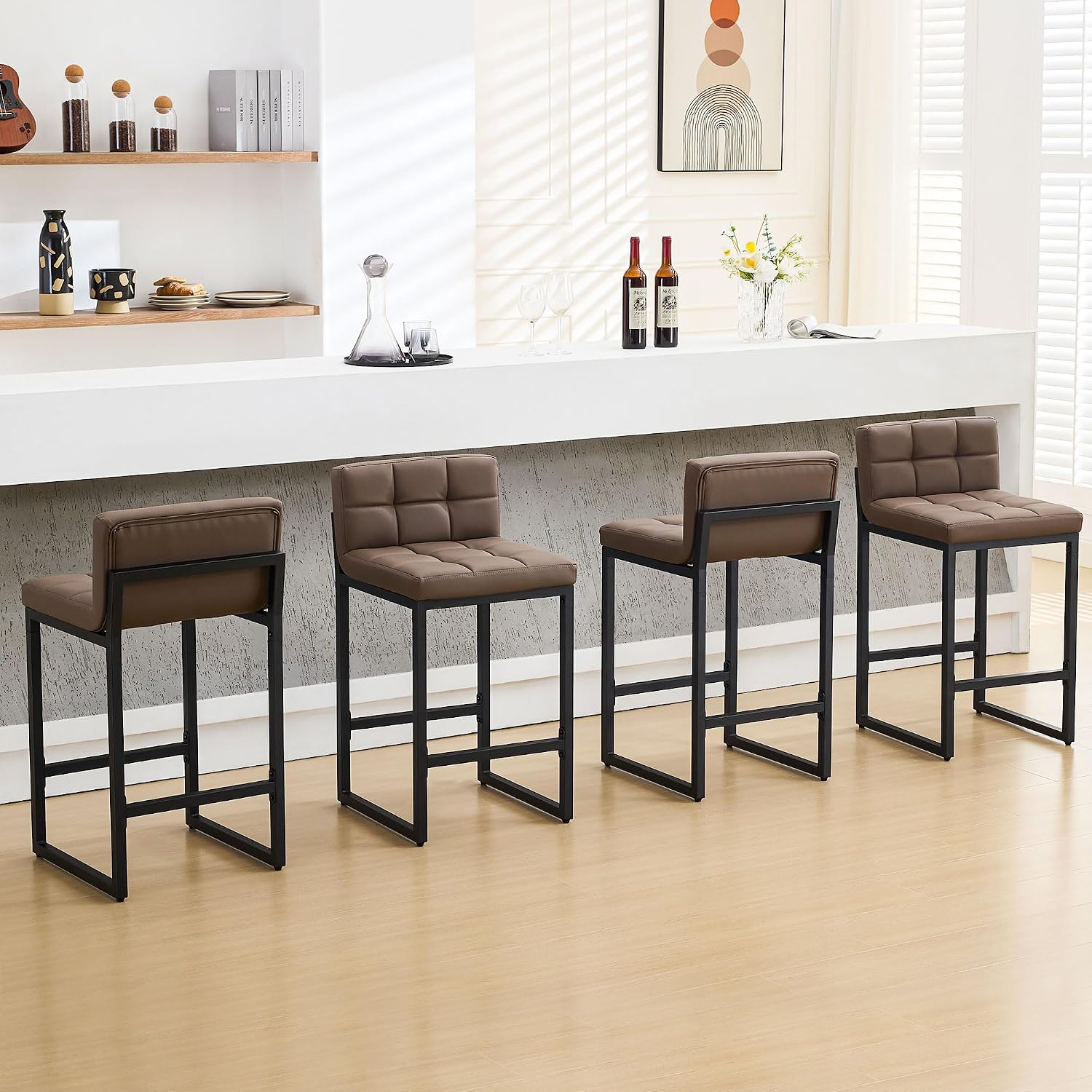 Furniture Leg Set - カウンターハイトバースツール4脚セット、背もたれ付き布張りカウンターハイトバースツール、金属脚付きPUレザーバーチェア、キッチンアイランド用バースツール、コーヒーブラウン
