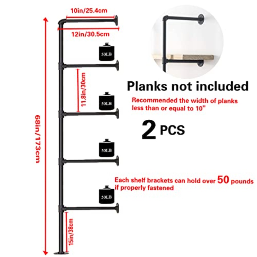 工業用壁掛け鉄パイプ棚棚棚ブラケット黒ヴィンテージレトロ天井 - Shelf Bracket Pair のレビューと価格
